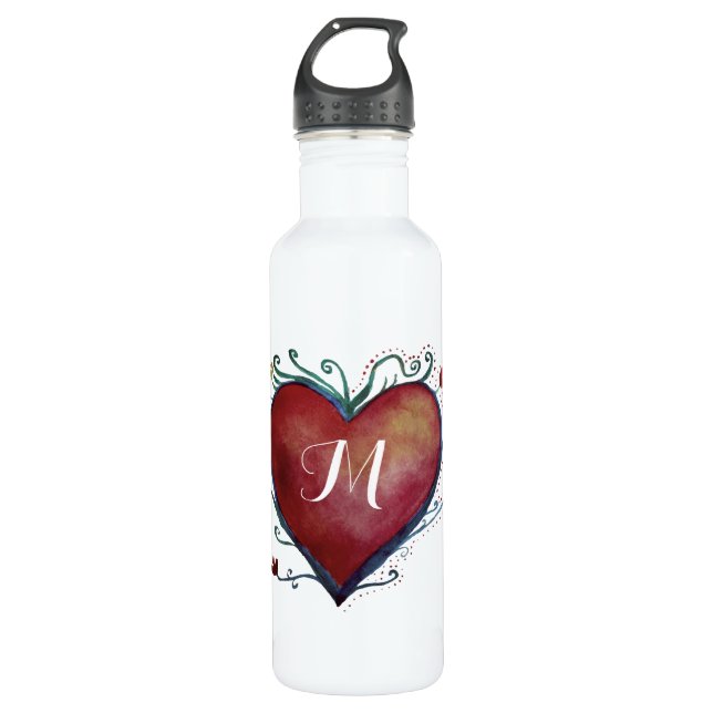 Red Watercolor Heart Custom Initial Water Bottle (Front)