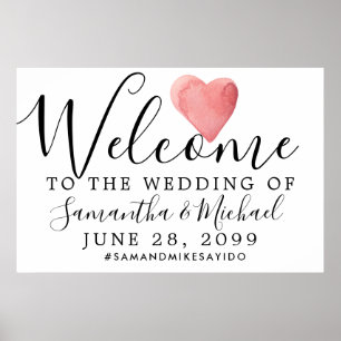 Red Watercolor Heart Mariage moderne Affiche de bi