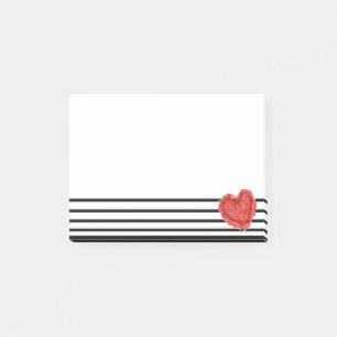 Red Watercolor Heart on Black and White Stripe Post-it Notes