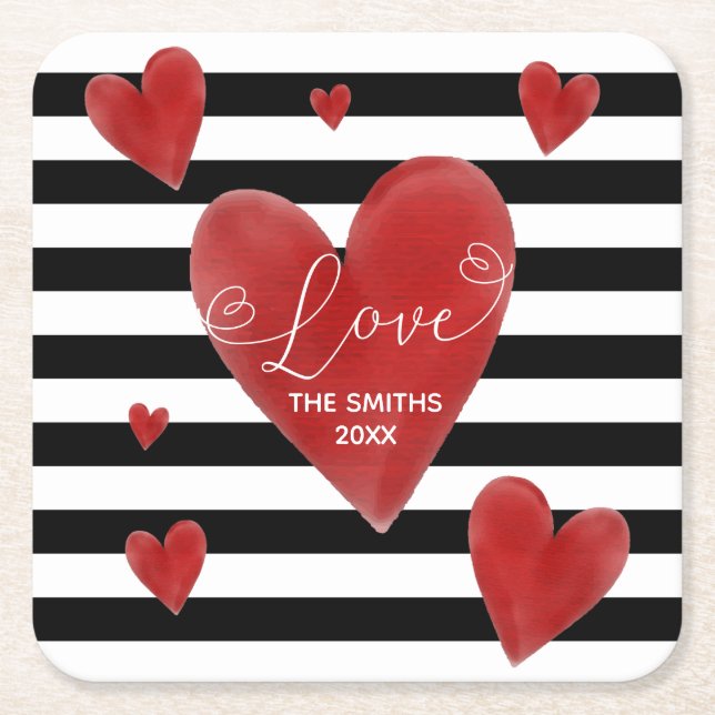 Red Watercolor Hearts & Stripes Square Paper Coaster (Front)