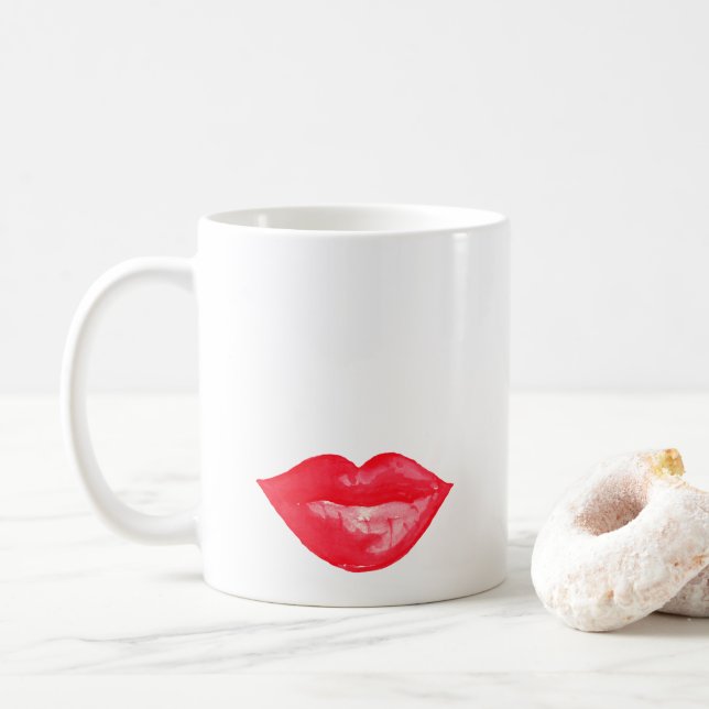 Red Watercolor Lips Lipstick Makeup Artist Coffee Mug (With Donut)