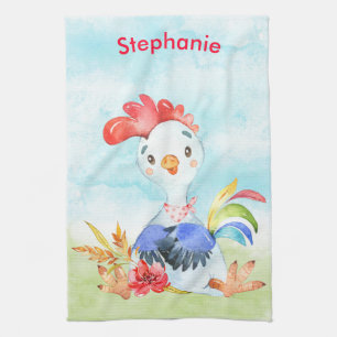 Red Watercolor Little Rooster Kitchen Towel