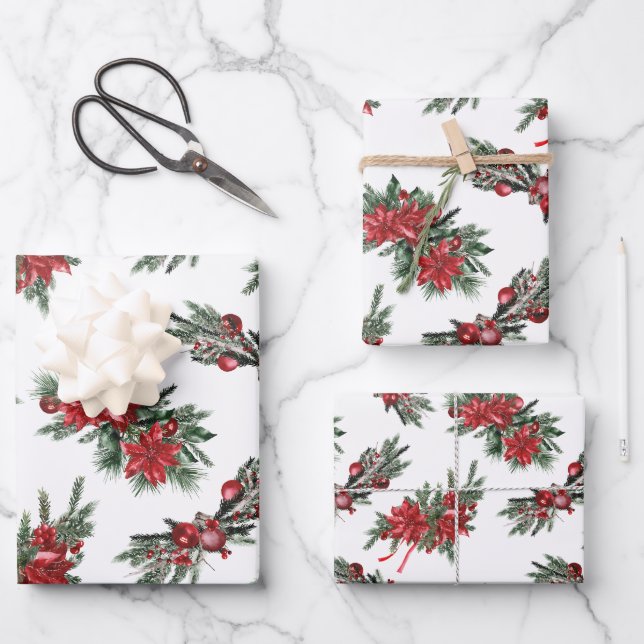 Red Watercolor-Painted Christmas Holiday Boughs Wrapping Paper Sheet (Front)