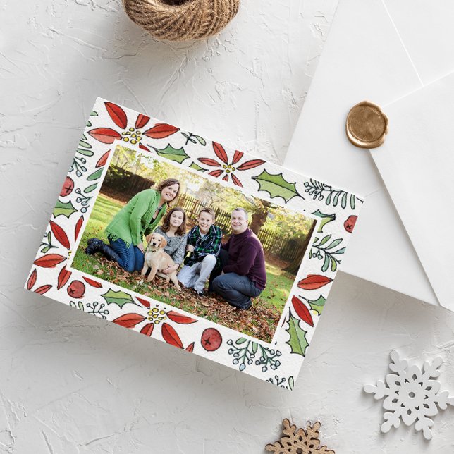 Red Watercolor Painted Poinsettia and Holly Photo Holiday Card (Hand-painted watercolor one family photo frame card with poinsettias and holly)
