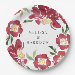 Red Watercolor Peony Wedding  Paper Plate