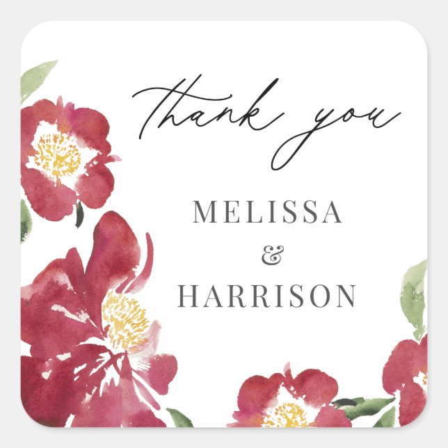 Red Watercolor Peony Wedding Thank You Square Sticker (Front)