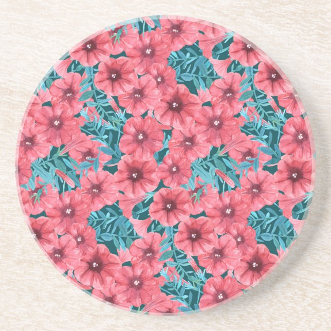 Red watercolor petunia flower pattern coaster (Front)