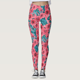Red watercolor petunia flower pattern leggings