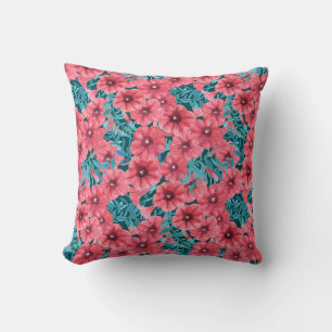 Red watercolor petunia flower pattern throw pillow