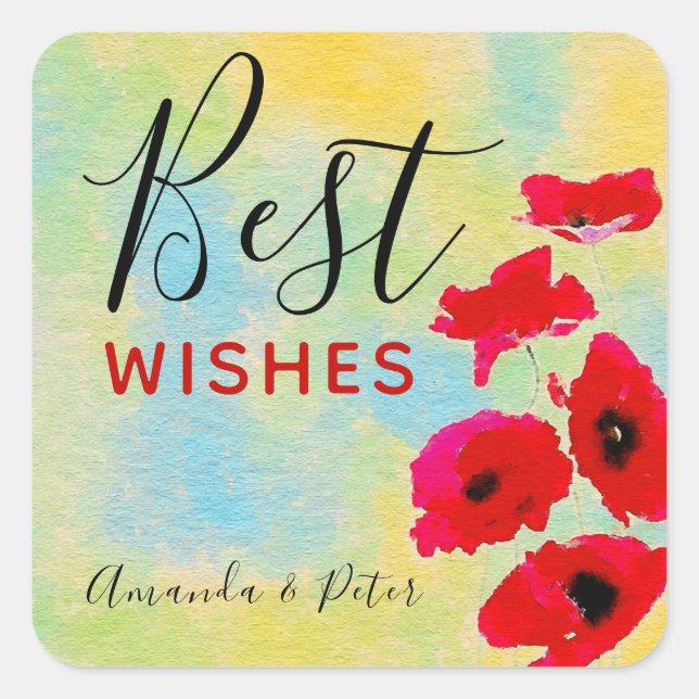 Red Watercolor Poppies Best Wishes Square Sticker (Front)