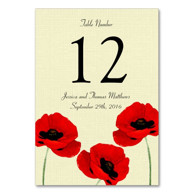 Red Watercolor Poppies Floral Wedding Collection Table Number (Front)