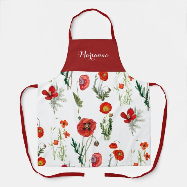 Red Watercolor Poppies Florals Apron (Front)