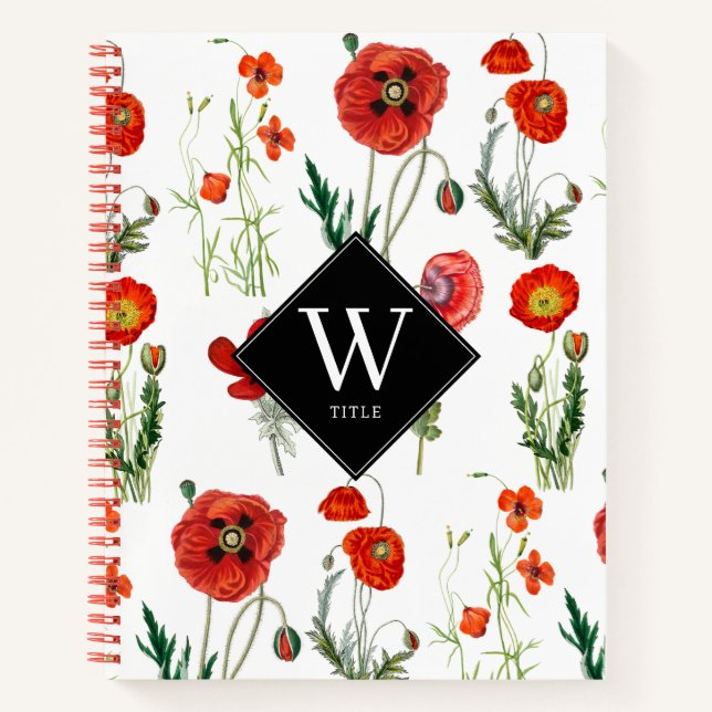 Red Watercolor Poppies Florals Monogram Notebook (Front)