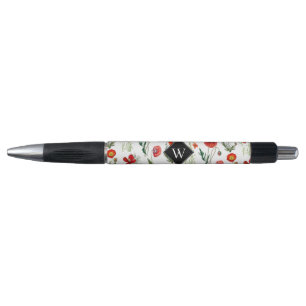 Red Watercolor Poppies Florals Monogram Pen
