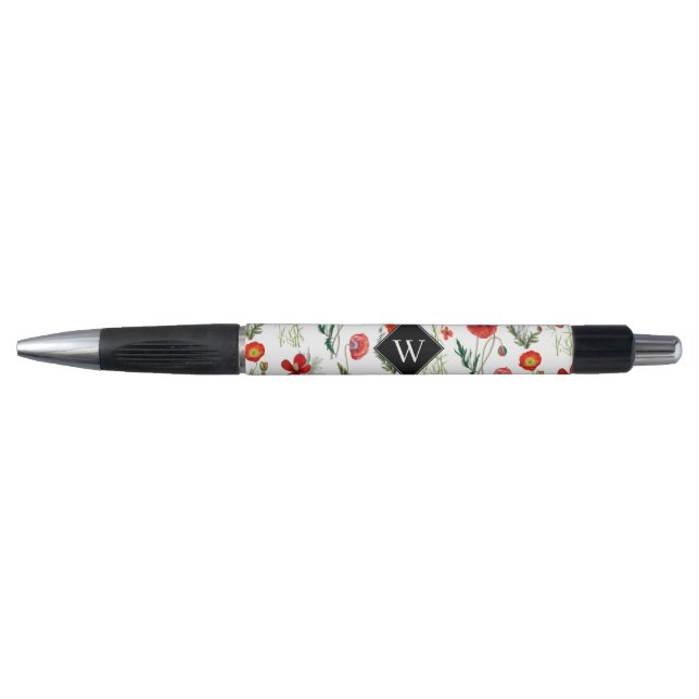 Red Watercolor Poppies Florals Monogram Pen (Front)
