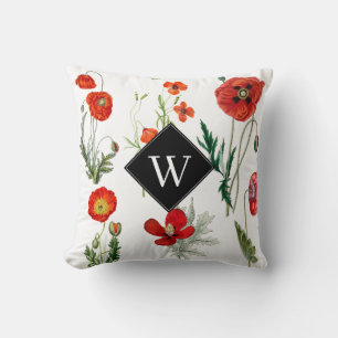 Red Watercolor Poppies Florals Monogram Throw Pillow