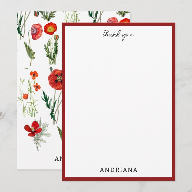 Red Watercolor Poppies Florals Thank You (Front/Back)