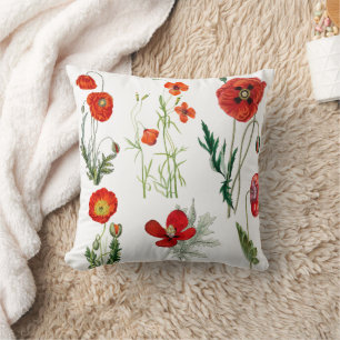 Red Watercolor Poppies Florals Throw Pillow