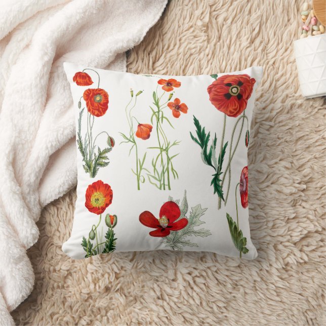 Red Watercolor Poppies Florals Throw Pillow (Blanket)