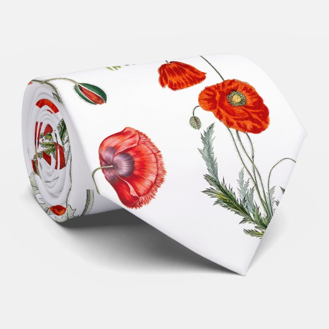 Red Watercolor Poppies Florals Tie (Rolled)