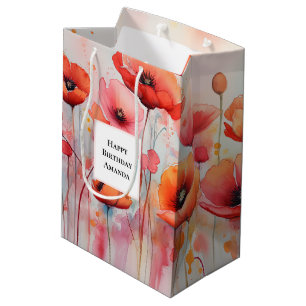 Red Watercolor Poppies in a Field Birthday Medium Gift Bag