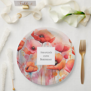 Red Watercolor Poppies in a Field Birthday Paper Plate