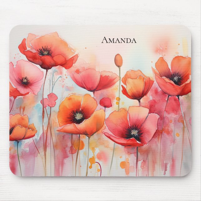 Red Watercolor Poppies in a Field Mouse Pad (Front)