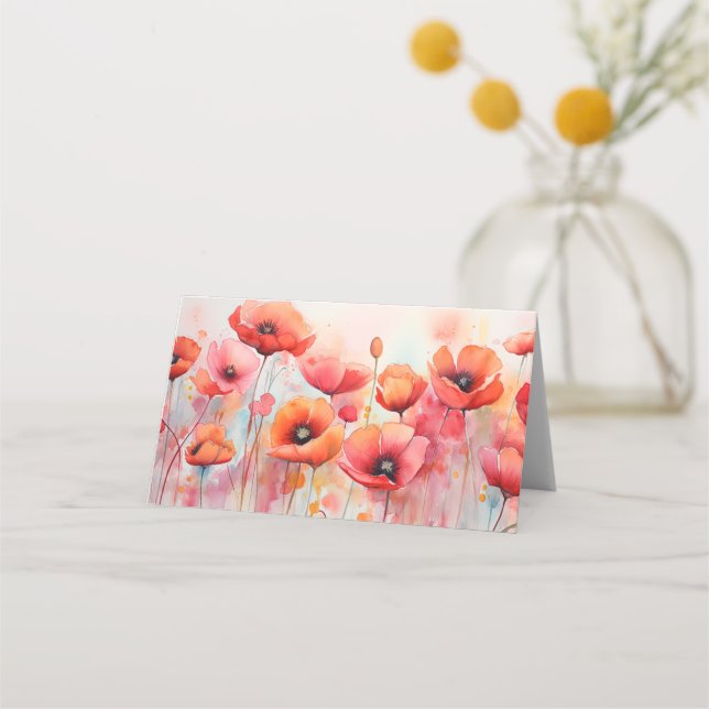 Red Watercolor Poppies in a Field Place Card (Front)