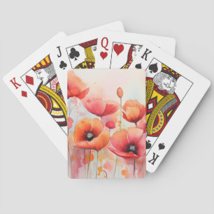 Red Watercolor Poppies in a Field Playing Cards