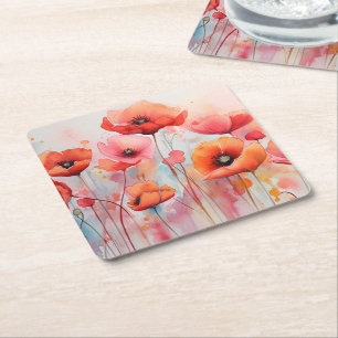 Red Watercolor Poppies in a Field Square Paper Coaster