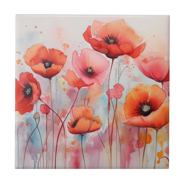 Red Watercolor Poppies in a Field Tile (Front)
