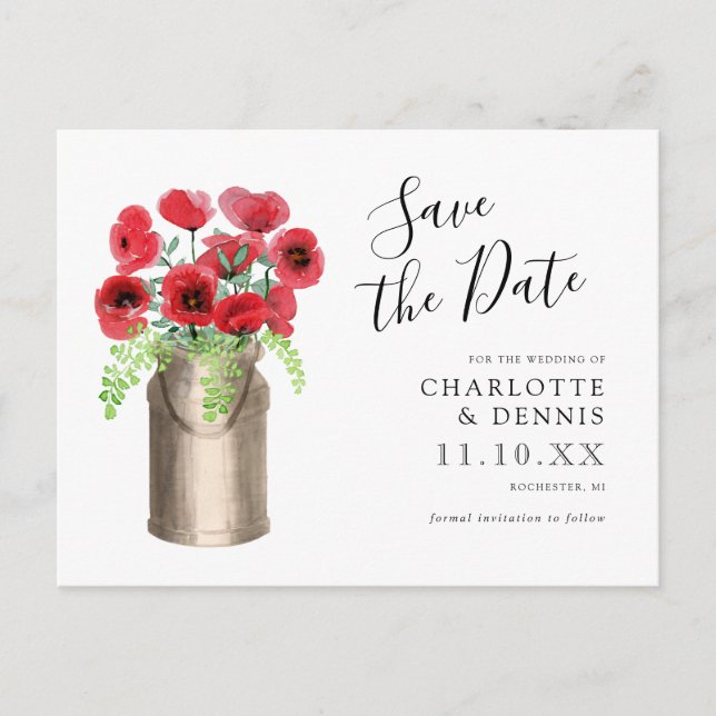 Red watercolor poppies milk bucket save the date postcard (Front)