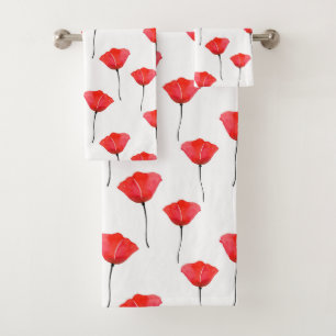 Red Watercolor Poppies Pattern Bath Towel Set