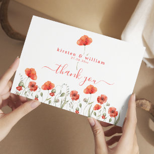 Red Watercolor Poppies, Wedding Thank You  Card