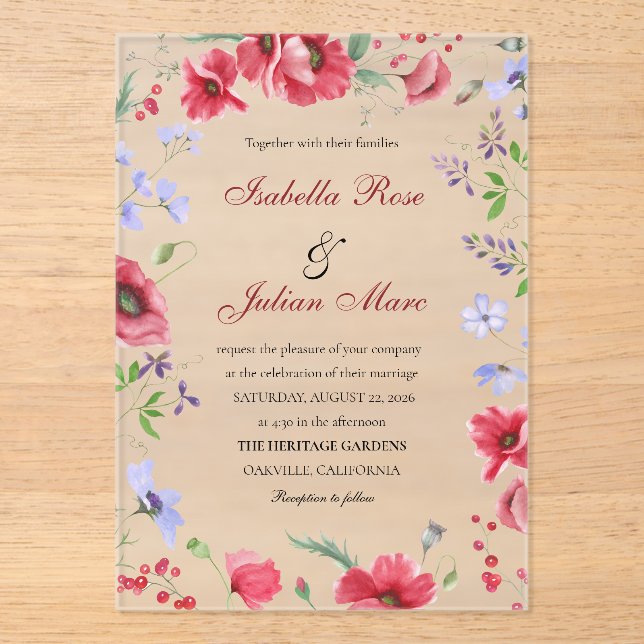 Red Watercolor Poppy & Lavender Floral Wedding Acrylic Invitations (Front)