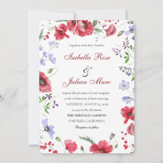 Red Watercolor Poppy & Lavender Floral Wedding Invitation