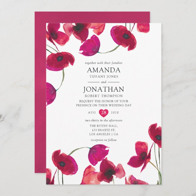 Red Watercolor Poppy Wedding Invitation (Front/Back)
