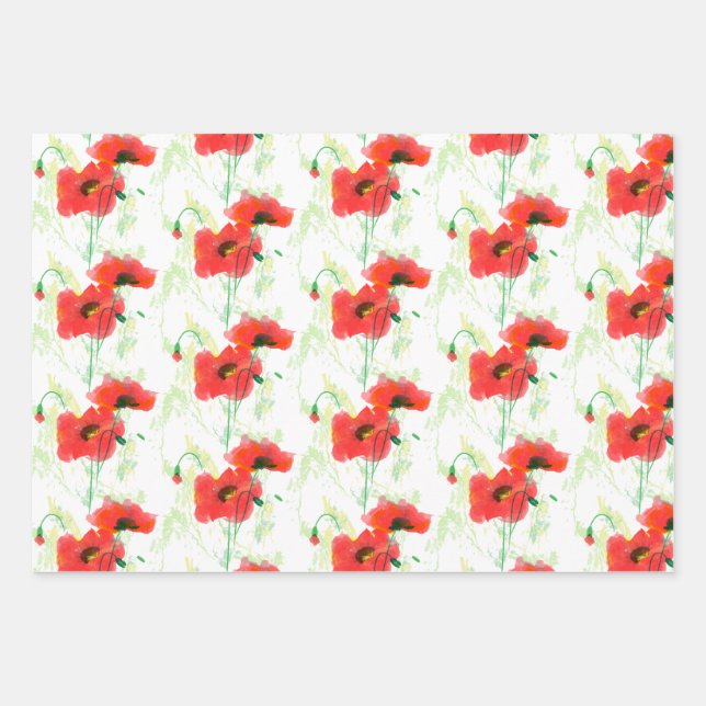 Red watercolor poppy wrapping paper sheet (Front)