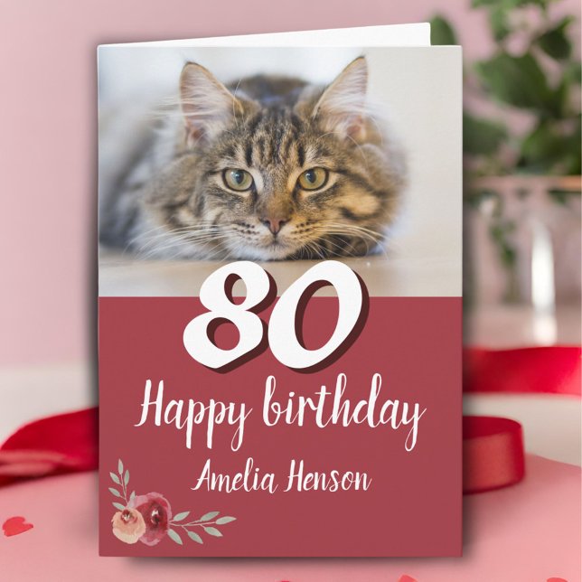 Red Watercolor Rose Cat Photo 80th Birthday  Card (Creator Uploaded)