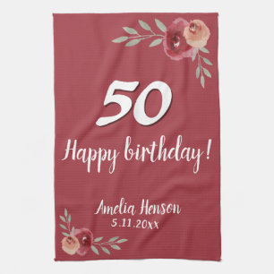 Red Watercolor Rose Floral 50th Birthday Kitchen Towel