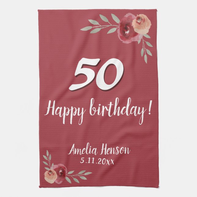 Red Watercolor Rose Floral 50th Birthday Kitchen Towel (Vertical)