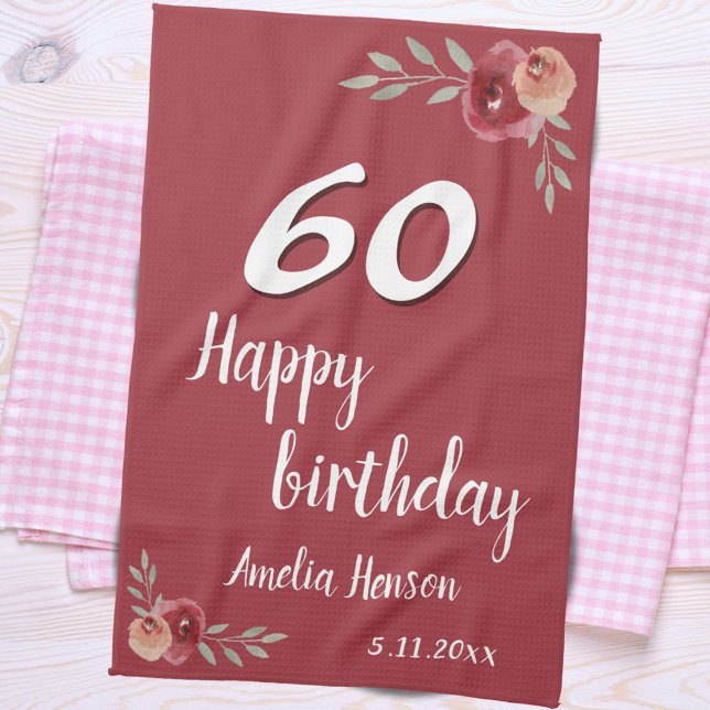 Red Watercolor Rose Floral 60th Birthday Kitchen Towel (Creator Uploaded)