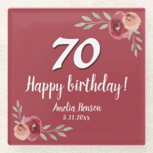 Red Watercolor Rose Floral 70th Birthday Glass Coaster