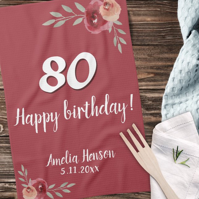 Red Watercolor Rose Floral 80th Birthday Kitchen Towel (Creator Uploaded)