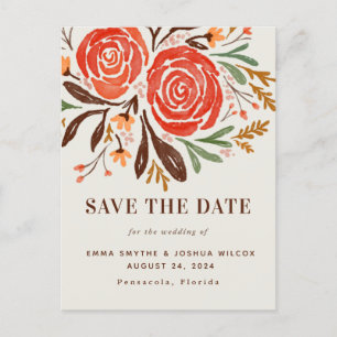 Red watercolor rose floral save the date invitation postcard