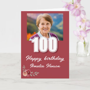 Red Watercolor Rose Photo 100th Birthday  Card