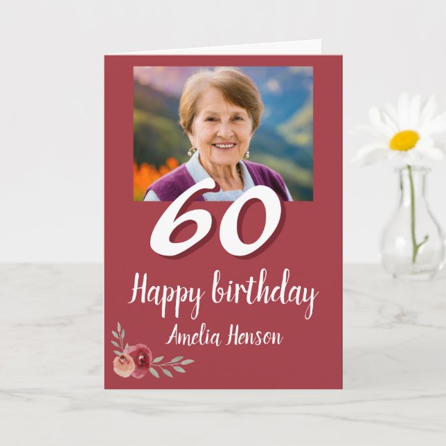 Red Watercolor Rose Photo 60th Birthday  Card (Small Plant)