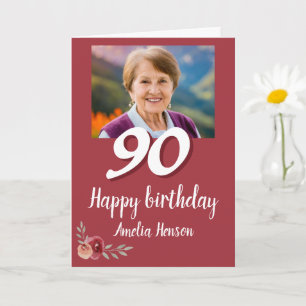 Red Watercolor Rose Photo 90th Birthday  Card