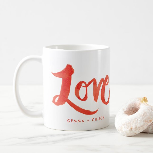 Red Watercolor Script Love Mug with Custom Text (With Donut)