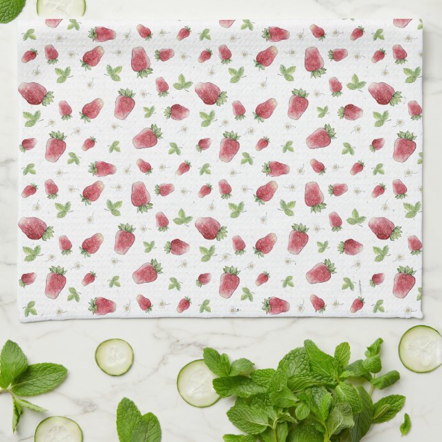 Red Watercolor Strawberries Kitchen Towel (Folded)